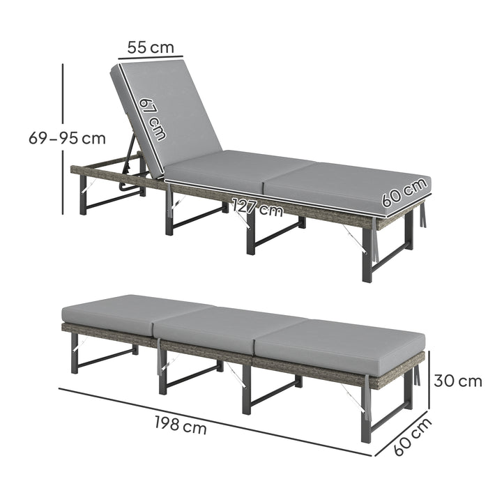 Outsunny Single Folding Rattan Sun Lounger, with Cushion - Grey