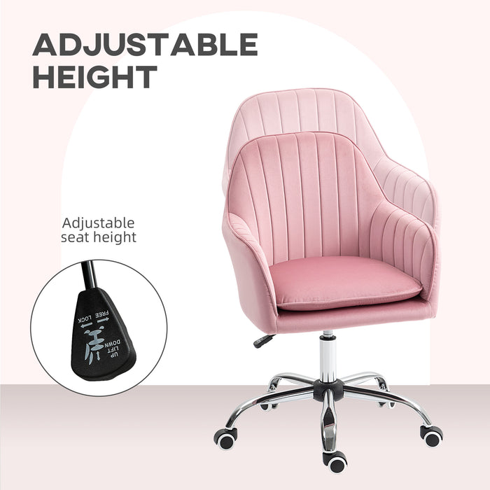 HOMCOM Velvet-Feel Tub Office Chair, with Seat Cushion - Dark Pink