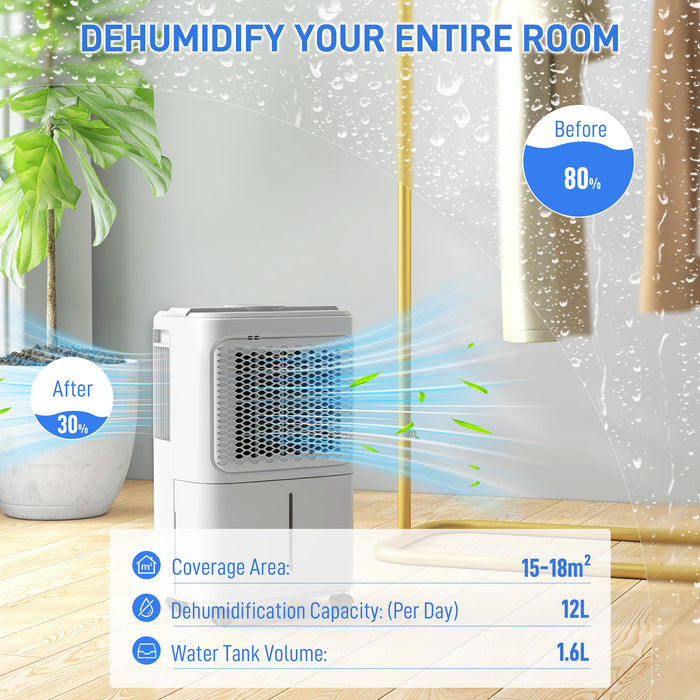 HOMCOM 12L/Day Dehumidifier with Continuous Drainage, 1.6L Water Tank, 24H Timer, Digital Humidity Display, Humidity Light, Dehumidifier for Home Damp, Bedroom, Condensation, Mould, Laundry Drying | Aosom UK