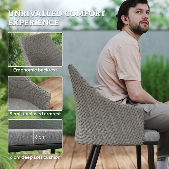 Outsunny 6 Seater Rattan Dining Set with Cushions, Garden Furniture Set with Armchairs, Rectangle Slatted Table Top, Steel Frame, Parasol Hole, Wicker Outdoor Furniture for Patio, Balcony, Grey