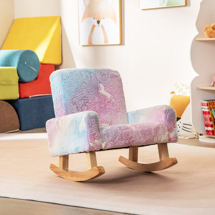 Upholstered Flannel Kids Rocking Chair with Solid Poplar Wood Rocking Feet-