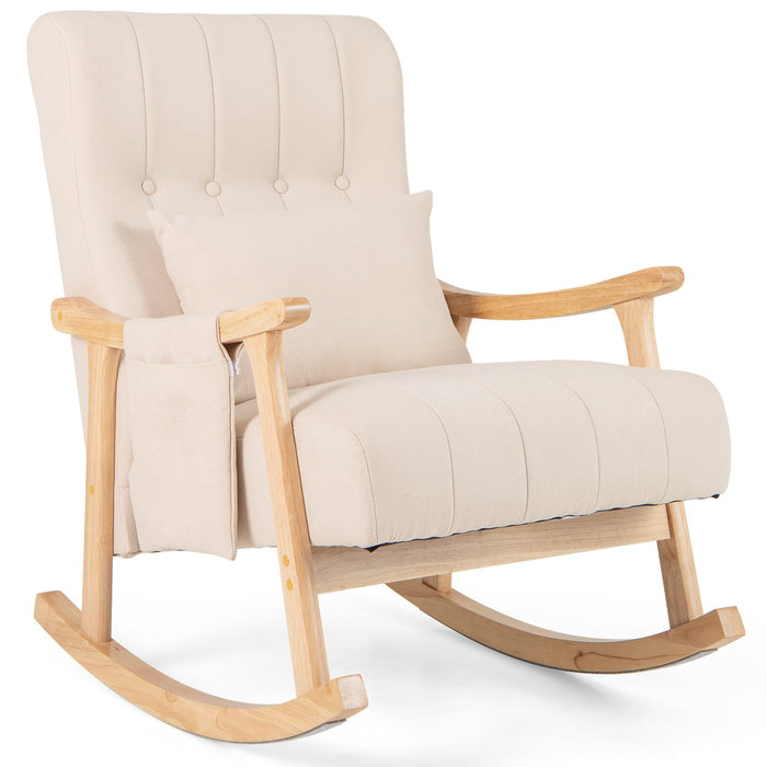 Upholstered Glider Rocker Chair with High Backrest and Cushioned Seat-Beige