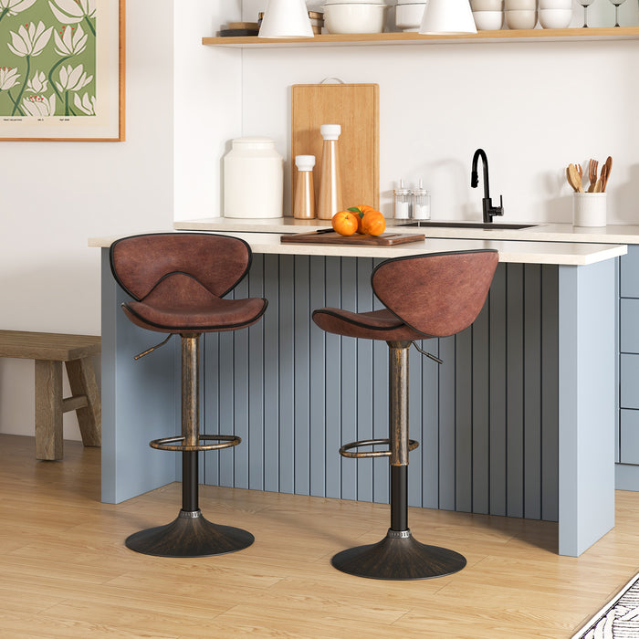 Height-adjustable Bar Stools Set of 2 - Upholstered Stools with Backrest and Metal Frame in Rustic Brown - Ideal for Kitchen, Bar or Café Seating