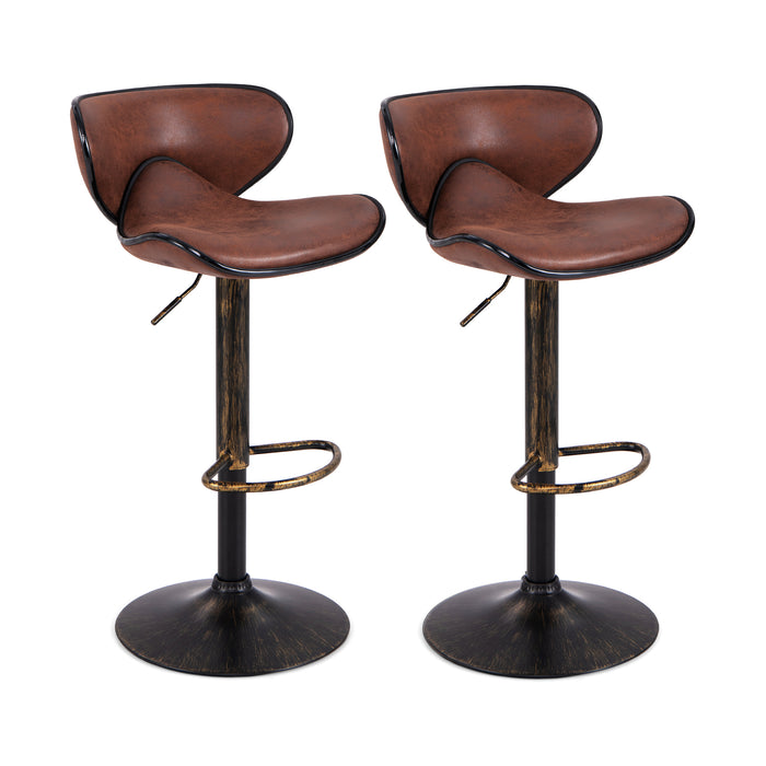 Height-adjustable Bar Stools Set of 2 - Upholstered Stools with Backrest and Metal Frame in Rustic Brown - Ideal for Kitchen, Bar or Café Seating