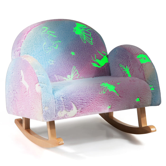 Upholstered Kids Rocking Chair with Luminous Effect and Poplar Wood Rocking Feet-