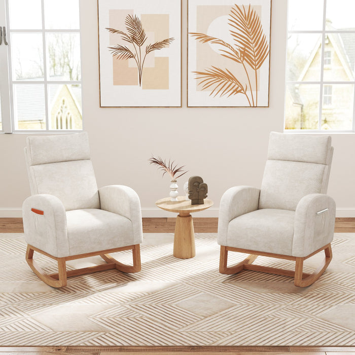 Upholstered Chenille Nursery Rocking Chair with Rubber Wood Frame-Beige