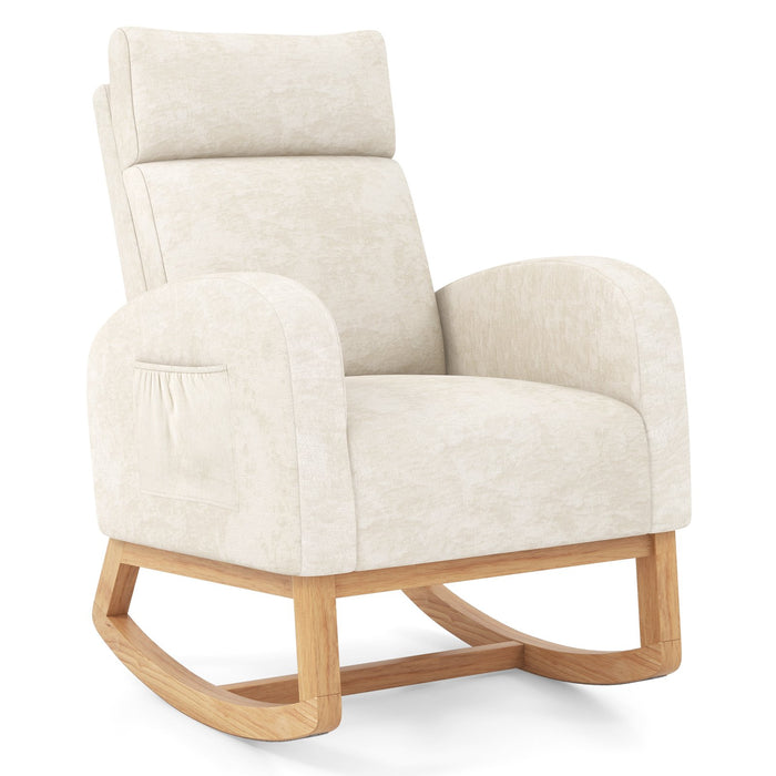 Upholstered Chenille Nursery Rocking Chair with Rubber Wood Frame-Beige
