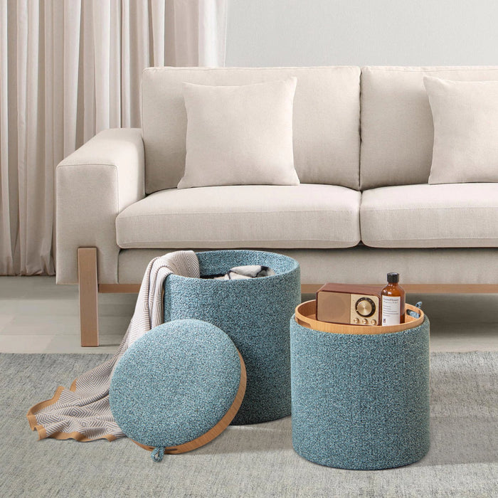 Upholstered Storage Round Ottoman Set of 2 with Reversible Tray-