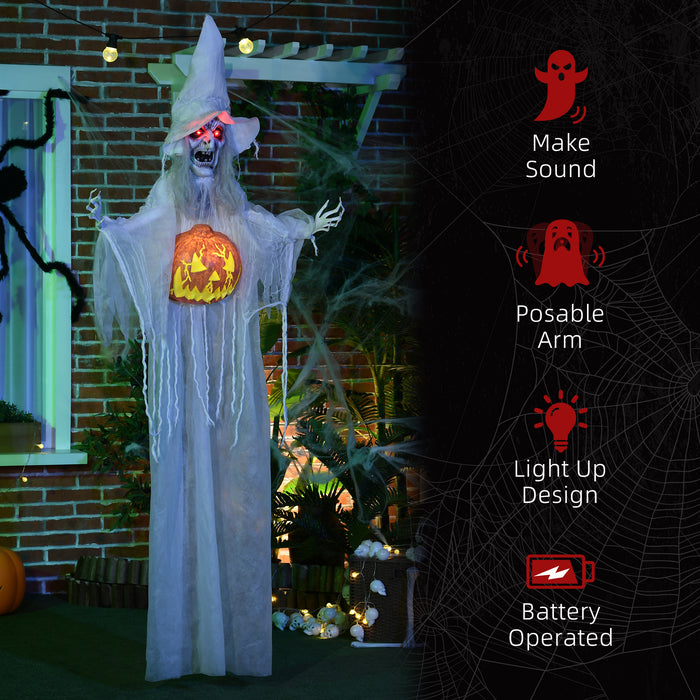 HOMCOM 6ft Outdoor Halloween Decoration Witch with Pumpkin, Hanging Skeleton Witch Prop Life Size with Sound and Motion Activated, Light Up Eyes, Laughing Sound, Posable Arms, White