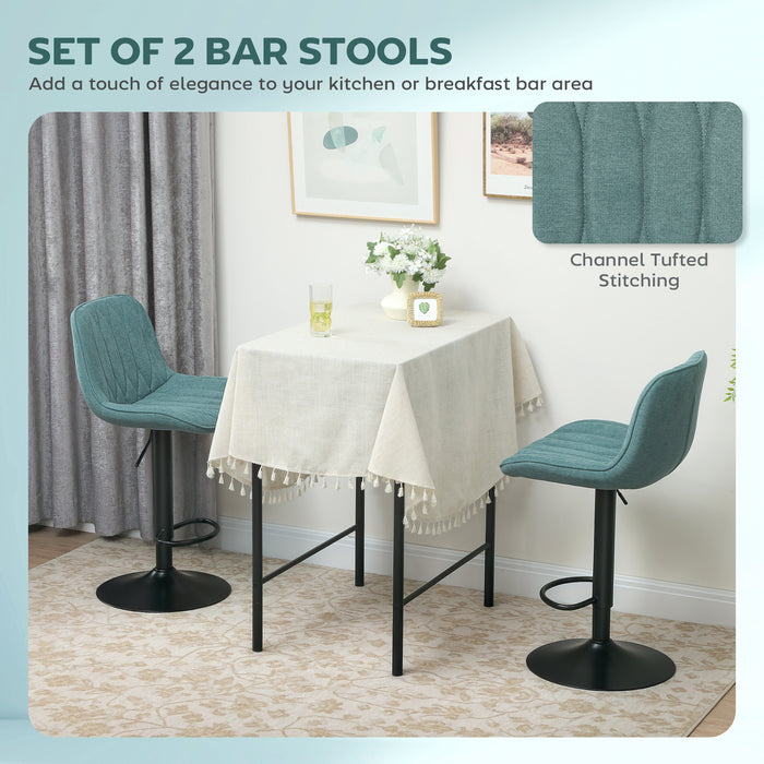 HOMCOM Bar Stools Set of 2, Height Adjustable Swivel Barstools with Backrest and Footrest, Modern Linen Upholstered Armless Bar Chairs for Kitchen, Breakfast Counter, Blue