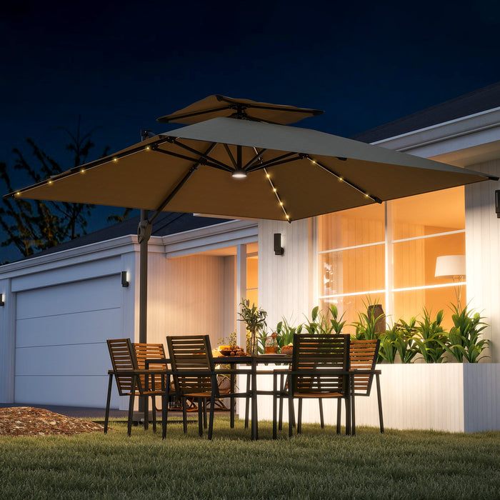 Outsunny 3.5x3 m Garden Cantilever Parasol with Solar LED Lights and Centre Light, Aluminium Large Square Patio Umbrella, UPF50+ Hanging Sun Shade with Cross Base, Crank Handle and Tilt, Khaki