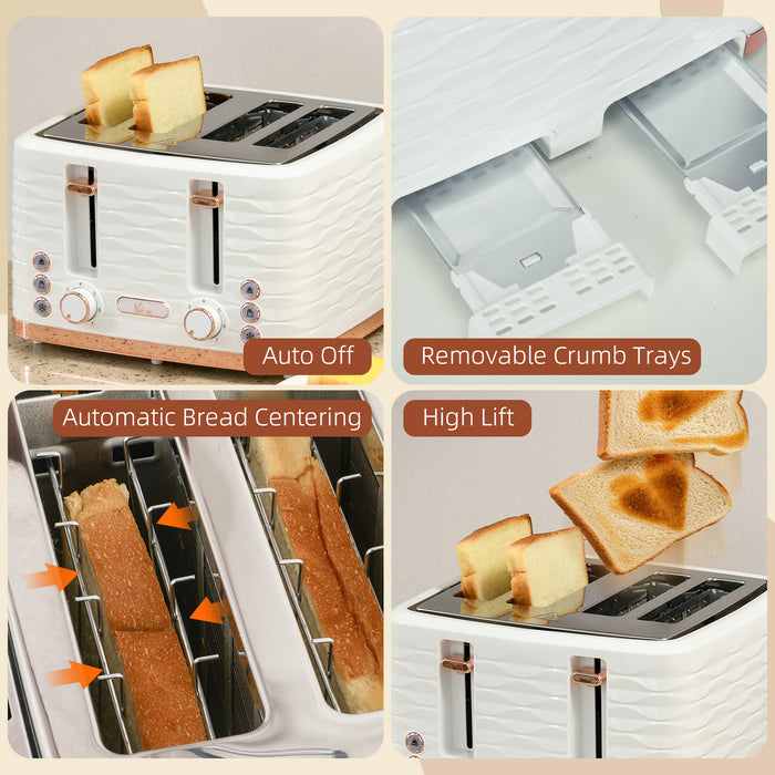 HOMCOM 4 Slice Toaster with 7 Browning Levels, High Lift, Reheat/Defrost/Cancel, Self-centring Function, Removable Crumb Tray, Auto Off, 1600W, Cream White Water Ripple Texture
