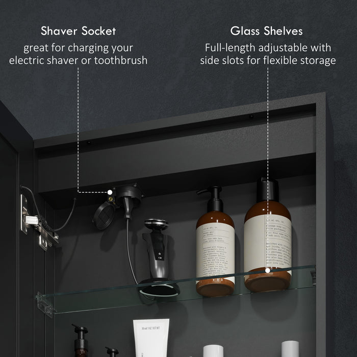 HOMCOM Bathroom Mirror Cabinet with LED Lights and Shaver Socket, 500 x 700 mm Wall Mounted Bathroom Cabinet with Mirror, Demister Pad, Dimmer, 3 Colours, Medicine Cabinet, Black
