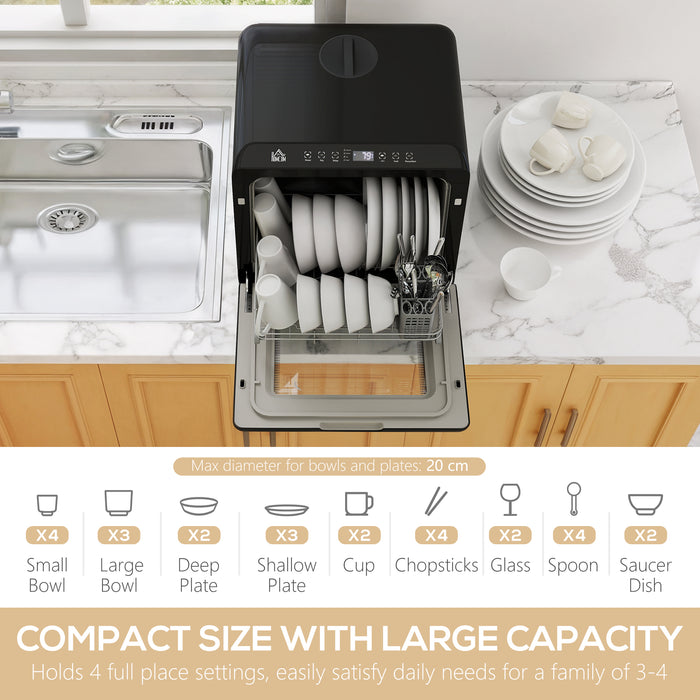 HOMCOM Table Top Dishwasher, Mini Countertop Dishwasher with Built-in 6L Water Tank, 6 Programs, Touch Control, LED Display, 4 Place Settings, Dual Water Supply and Air Drying Function, White