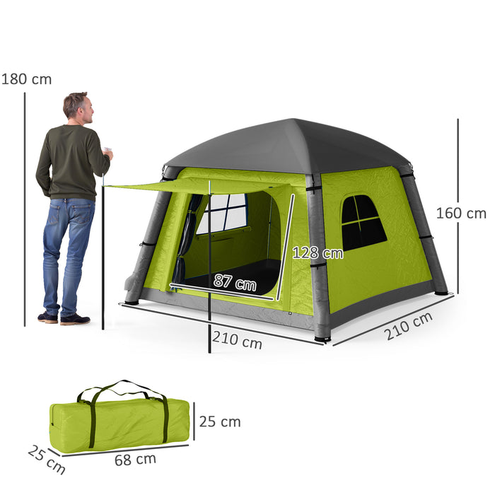 Outsunny Inflatable Camping Tent w/ Hand Pump, Easy Setup 1/2 Person Blow Up Tent Waterproof 190T Taffeta w/ Mesh Windows, Doors and Carry Bag, Green