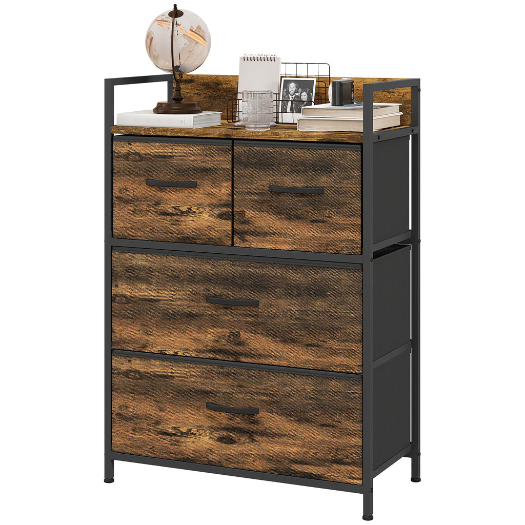 4-Drawer Bedroom Chest - Foldable Storage Organizer with Open Shelf & Sturdy Steel Frame - Ideal for Living Room, Entryway, Vintage Rustic Brown Design