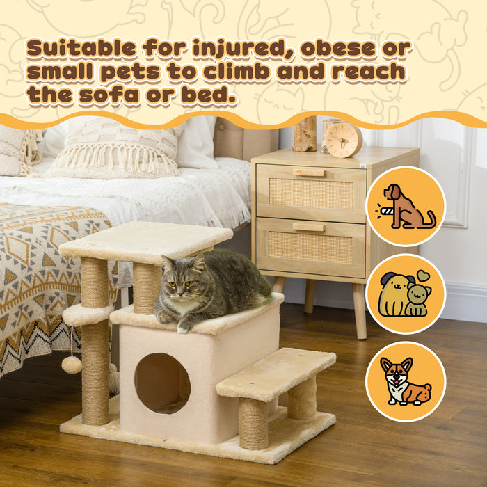 PawHut Adjustable Cat Steps, with House & Hanging Toy Ball - Beige | Aosom UK