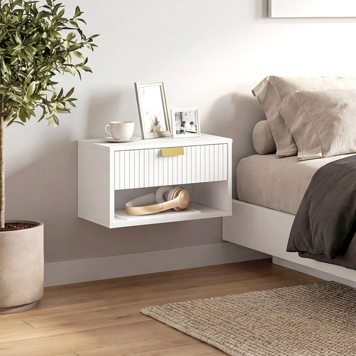 HOMCOM Set of 2 Wall Mounted Nightstands, Floating Bedside Tables with Fluted Drawer and Open Shelf for Small Bedroom, White