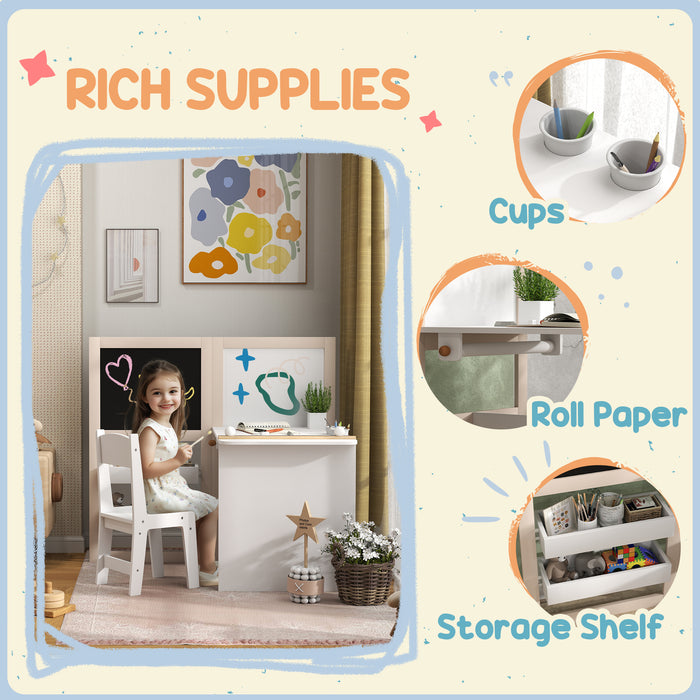 AIYAPLAY 3 in 1 Kids Table and Chair Set with Storage, Whiteboard, Blackboard & Roll Paper for 3-8 Years, White
