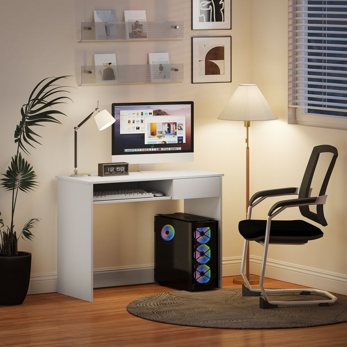 HOMCOM Compact Computer Desk with Keyboard Tray, Home Office Desk with Drawer for Bedroom Study, White