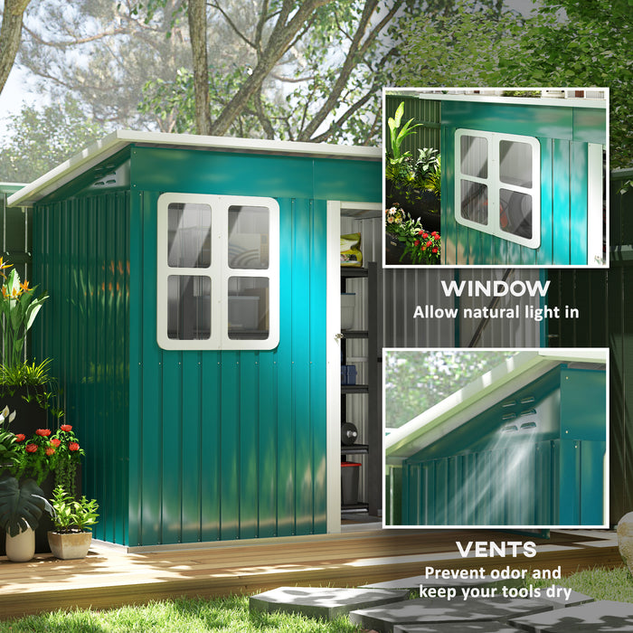 Outsunny 7 x 4ft Storage Shed Galvanised Steel Garden Shed, Metal Shed with Foundation Kit, Window, Lockable Wide Door and Air Vents for Outdoor Patio, Green