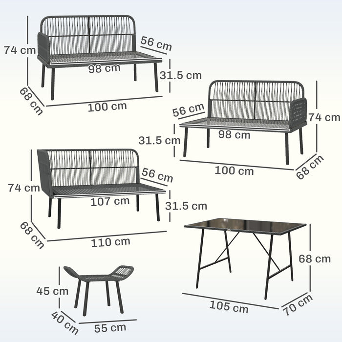 Outsunny 6 Piece Rattan Garden Furniture Set, 8 Seater Garden Corner Sofa with Cushions and Glass Top Table, Orange