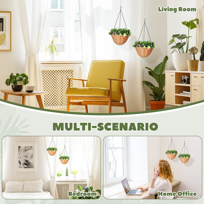 HOMCOM Artificial Flowers in Basket Set of 2, Artificial Hanging Baskets with PE Leaves, 18 Flowers and 3 Pinecones in Pot, Decorative Faux Plant for Home Office Decor, Green