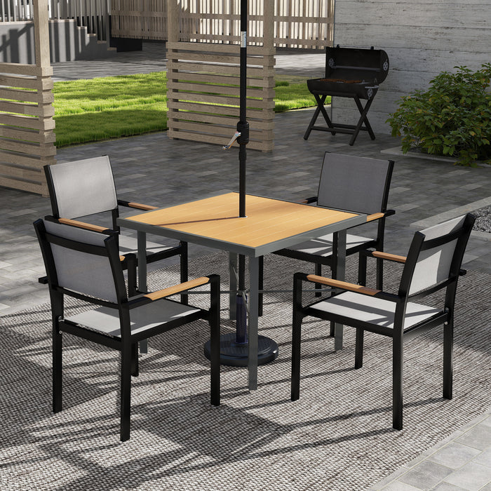 Outsunny Garden Table, 90cm Square Outdoor Patio Dining Table with 4.2 cm Umbrella Hole, Metal Frame, Wood Effect Top, for Terrace, Balcony, Natural Wood Finish