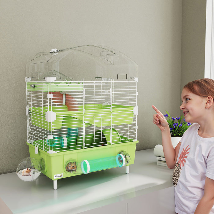 PawHut 3-Tier Hamster Cage with Transparent Top, Sand Bathroom, Exercise Wheel, Hideout Room, Tubes, 45 x 28 x 60 cm, Green