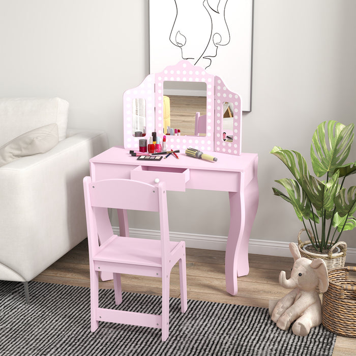 AIYAPLAY Kids Dressing Table Sets with Stool and Tri-Fold Mirror, Drawer for Playroom, Bedroom - Pink | Aosom UK