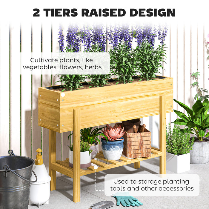 Outsunny Wooden Raised Garden Bed, Elevated Planter Box with Bed Liner, Drainage Holes and Storage Shelf, Raised Planter for Vegetables, Flowers, Herbs, 100 x 30 x 71 cm, Natural Wood Finish