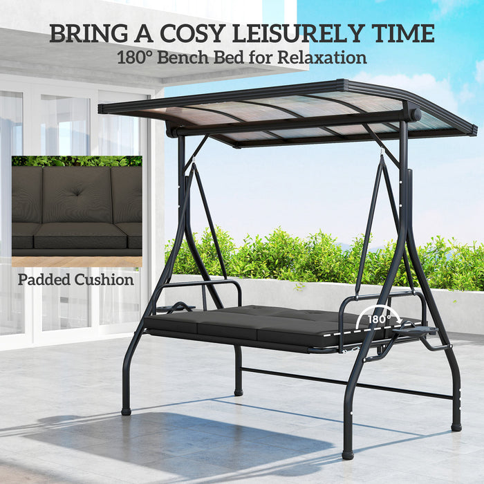 Outsunny 3 Seater Garden Swing Seat Bed with UPF30+ Adjustable Canopy, Convertible Swing Chair with Cushion, Outdoor Hammock Bench with Cup Trays for Balcony Patio, Black