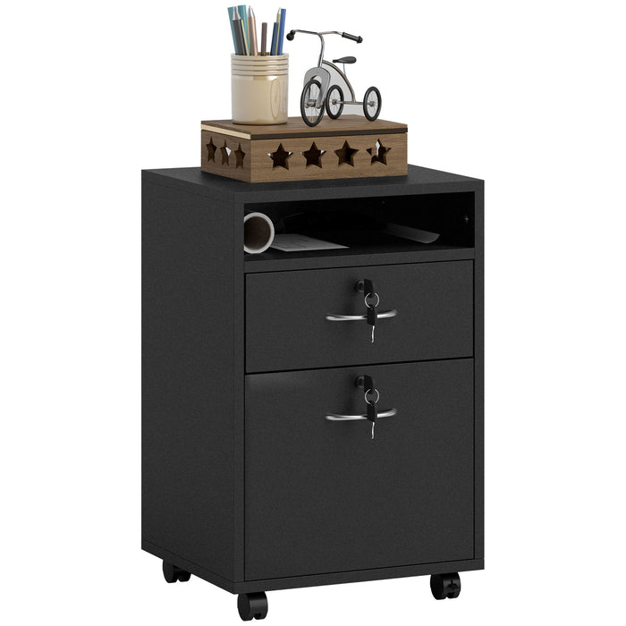 HOMCOM 60cm Storage Cabinet with Drawer, Open Shelf, Metal Handles and 4 Wheels, Office Home Organiser Mobile Printer, Black