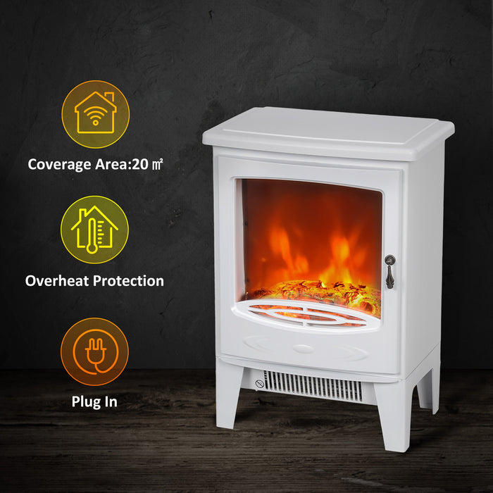 HOMCOM Tempered Glass Casing Electric Fireplace, Freestanding Electric Fire with Realistic Flame Effect, Electric Log Burner with Overheat Protection, 950w/ 1850W, White | Aosom UK