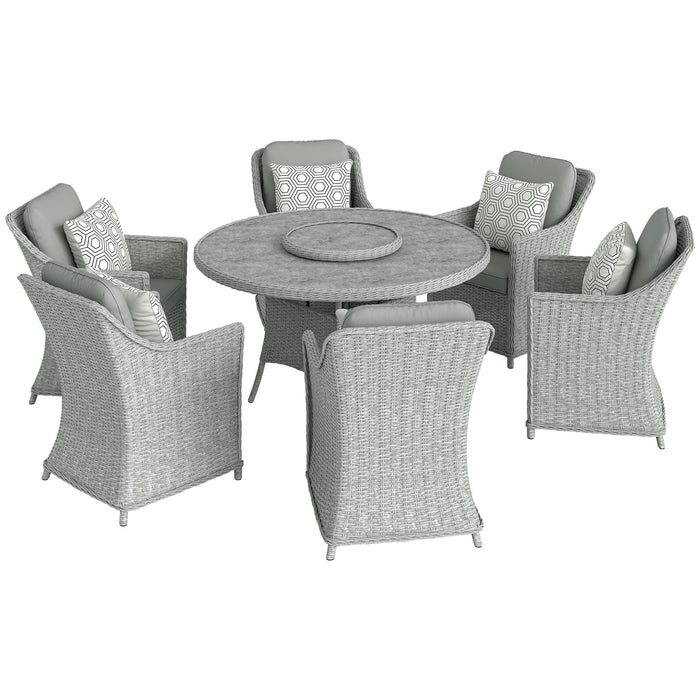 Outsunny Rattan Dining Set with Turntable, Marble Effect Glass Table and 6 Armchairs, Aluminium Frame, Grey