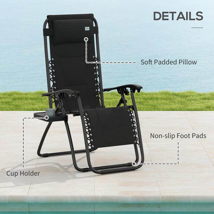 Outsunny Foldable Reclining Garden Chair, Zero Gravity Chair with Padded Seat, Cup Holder, Adjustable Backrest, Pillow for Outdoor, Patio, Deck, Black