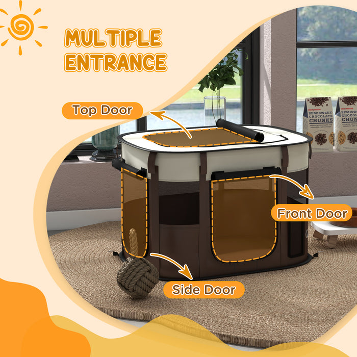 Foldable Canine Playpen with Complimentary Carry Bag - Sturdy Portable Enclosure for Pets - Ideal for Indoor/Outdoor Flexibility and Travel, in Elegant Brown