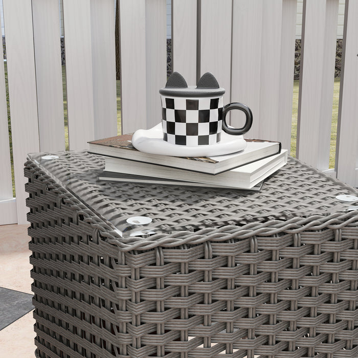 Outsunny 3 Pieces Rattan Bistro Set, Wicker Garden Bistro Set, Glass Top Balcony Table and Chairs with Cushions for Outdoor, Patio, Balcony, Light Grey