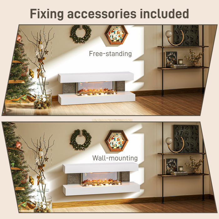HOMCOM 47inch / 120cm Electric Fireplace Wall Mounted, Freestanding, Glass Electric Fire Suite with Mantel, Adjustable LED Flame Effect, Log, Pebble, Remote Control, 2000W, White | Aosom UK