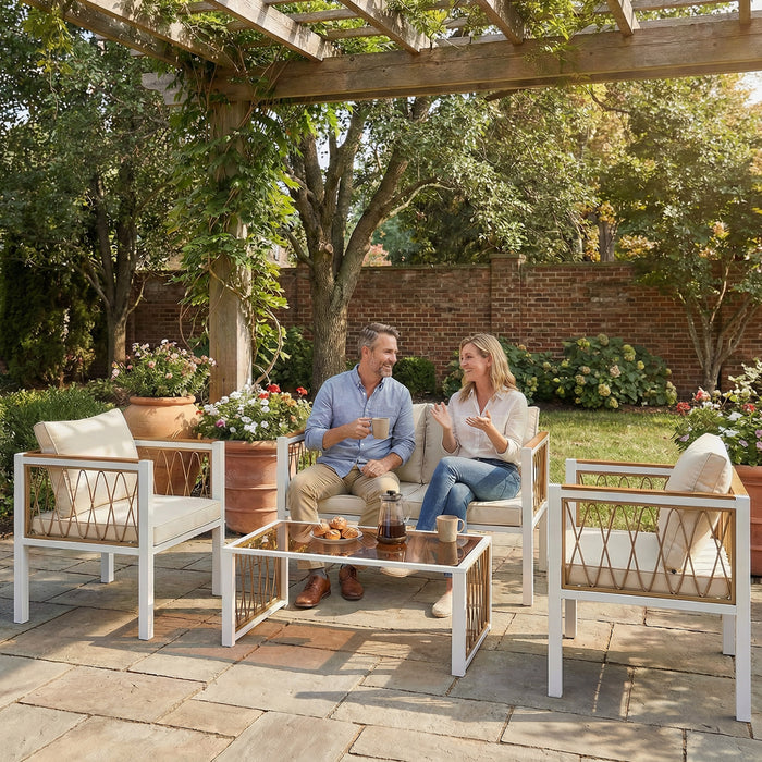 Outsunny 4 Piece Rattan Garden Furniture Set with Loveseat, 2 Armchairs, Table, Metal Frame Patio Conversation Set, Cream White