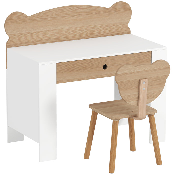 AIYAPLAY Kids Desk and Chair Set with Drawer for Drawing, Reading, Bear Theme Children Furniture for Bedroom, Daycare, Natural
