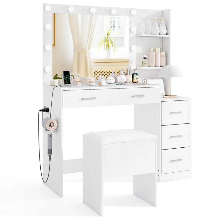 Vanity Desk with Mirror and Lights 5 Drawers Makeup Table Set with Storage Stool-White