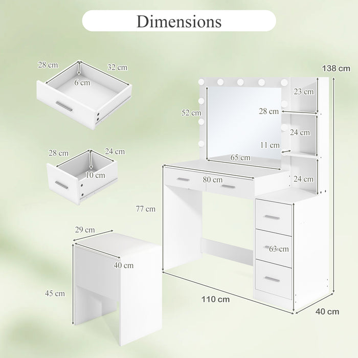 Vanity Desk with Mirror and Lights 5 Drawers Makeup Table Set with Storage Stool-White