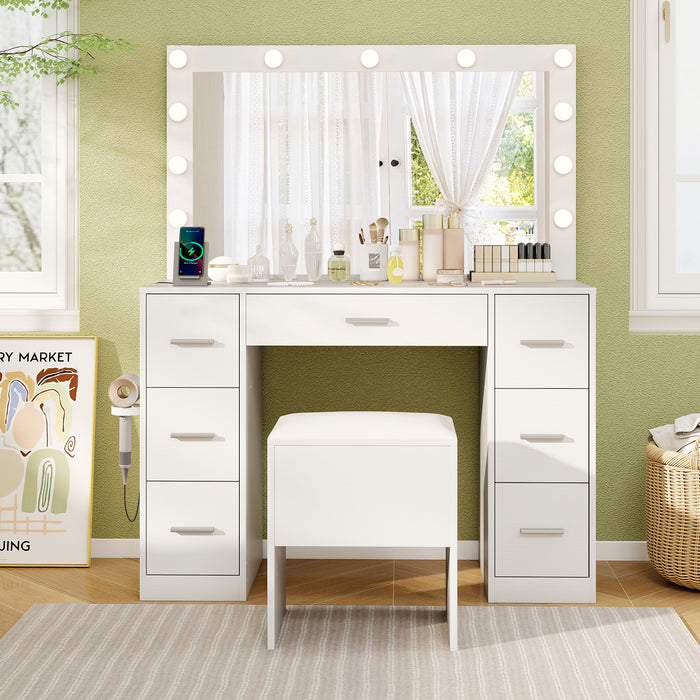 Vanity Desk with Mirror and Lights Makeup Table Set with Storage Stool-White