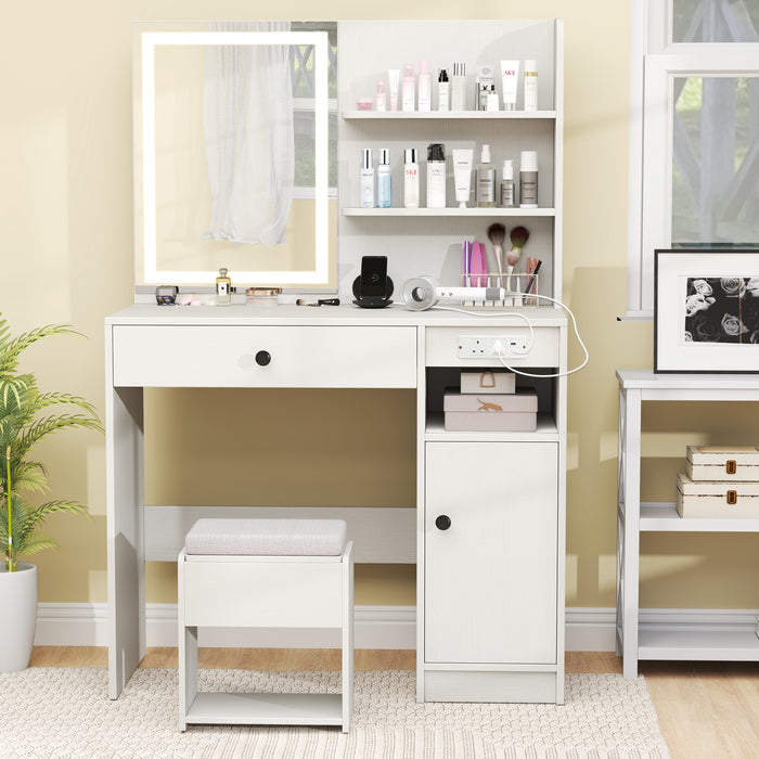 Vanity Desk with Mirror and Lights Dressing Table with Charging Station-White