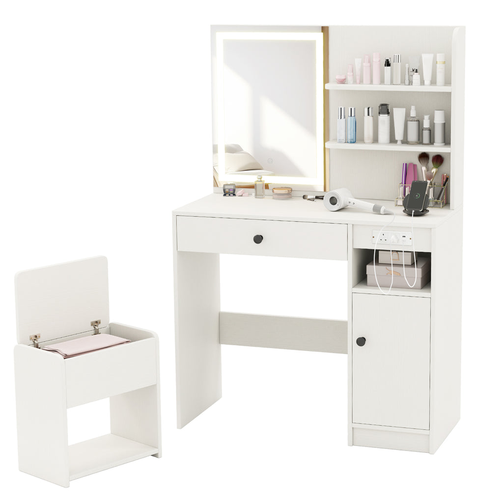 Vanity Desk with Mirror and Lights Dressing Table with Charging Station-White