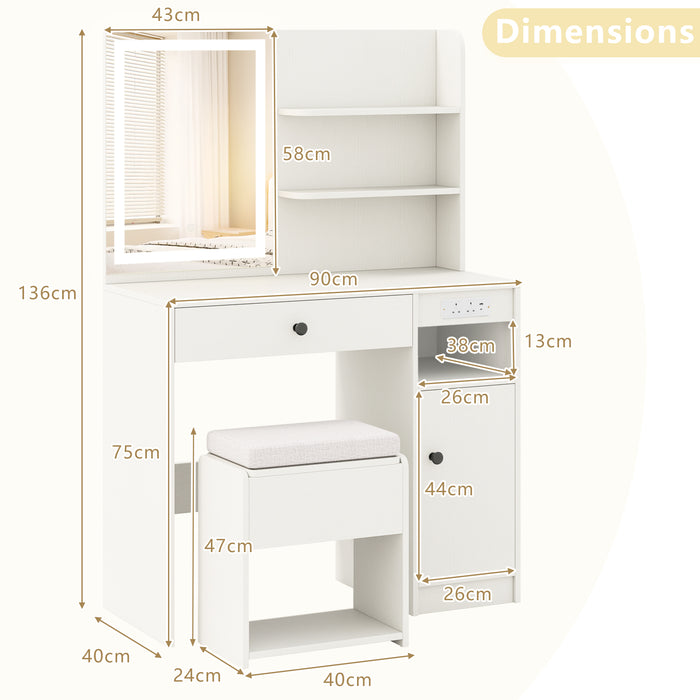 Vanity Desk with Mirror and Lights Dressing Table with Charging Station-White