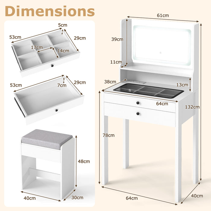 Vanity Desk with Power Outlets and 3 Color Lighting Modes for Bedroom-