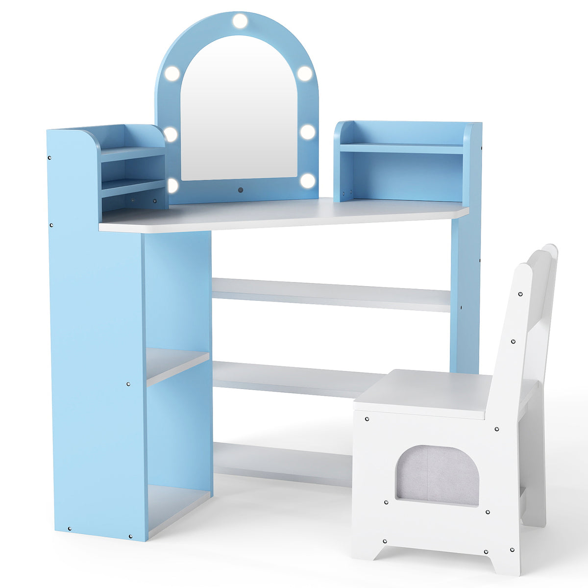 Vanity Table and Chair Set with 3 Storage Shelves and 5 Open Compartments-