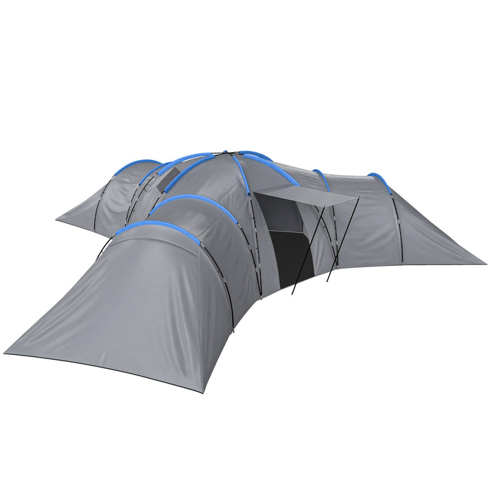 Outsunny 6-9 Man Large Tunnel Tent with 3 Bedrooms, Living Area and Porch, Light Grey